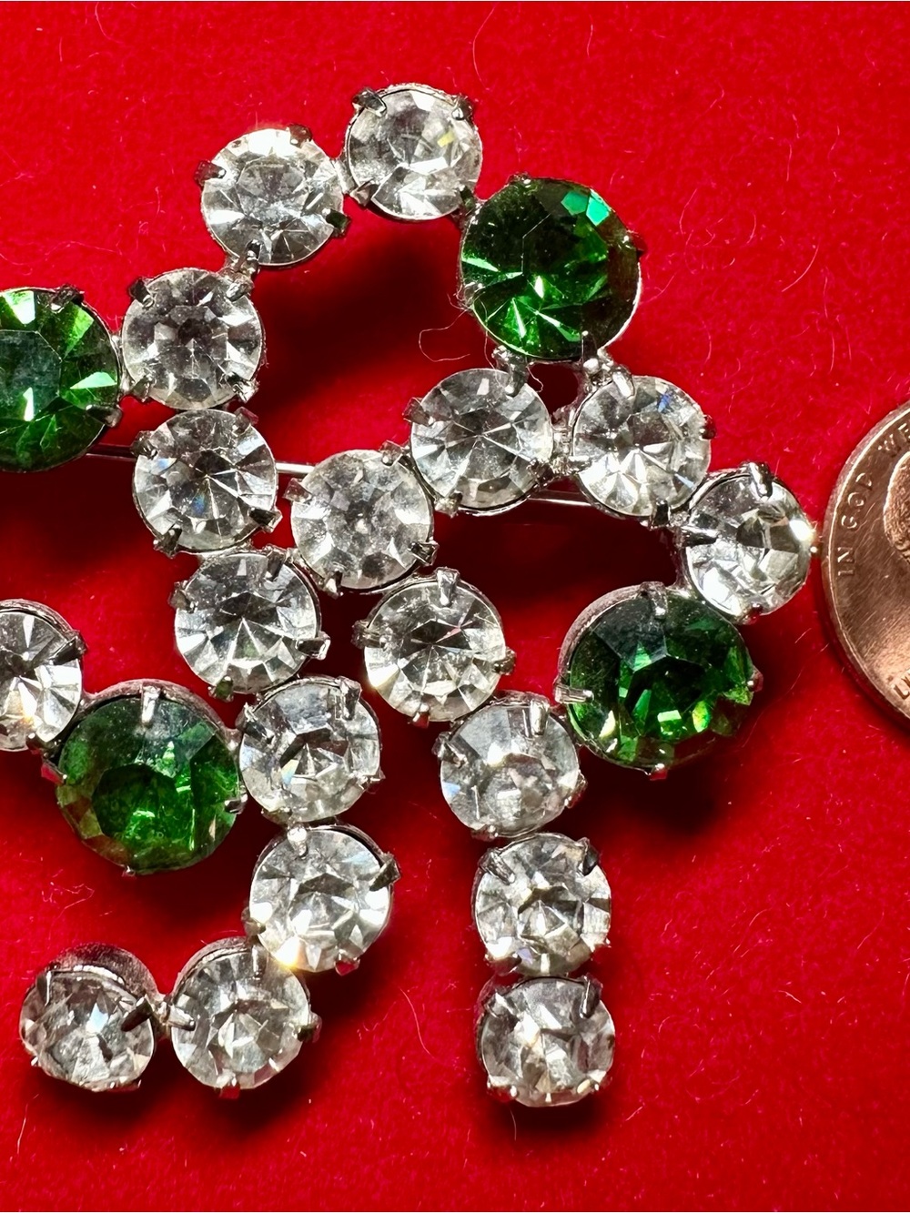 Unique Vintage Green and Clear Rhinestones Cluster Brooch